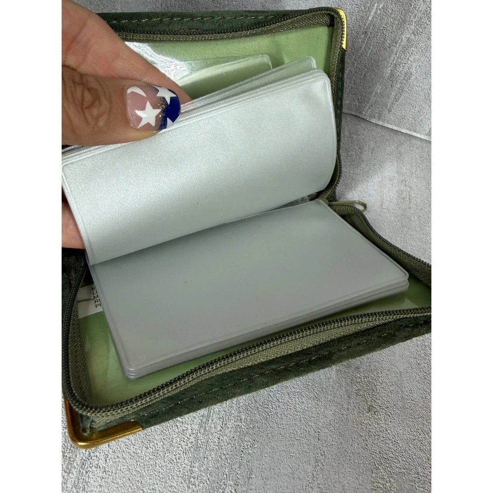 English Leather Green Suede Zip Around Card Holder Wallet Gold Corners Vintage